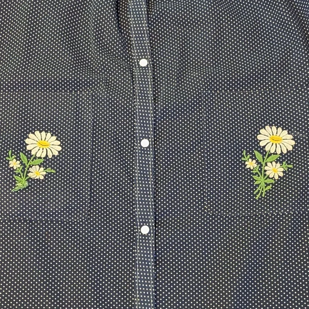 Vintage Polka Dot Embroidered‎ Dress Katz Floral House Smock Snap Button Collar